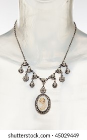 Antique Necklace With  Crystals And Cameo Pendant