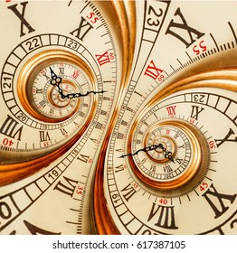 Antique Old Clock Abstract Fractal Double Spiral Clock Watch Unusual Abstract Texture Fractal Pattern Background Golden Old Fashion Clocks Roman Numerals. Double Spiral Clock Hands. Time Spiral Time