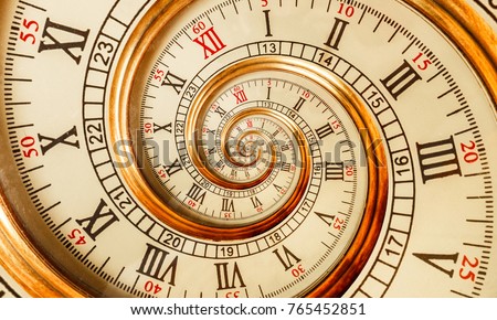 Antique old spiral clock abstract fractal. Watch clock mechanism unusual abstract texture fractal pattern background. Golden old fashion clock with roman arabic numerals Abstract time spiral effect