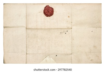 Antique Paper Sheet With Red Wax Seal Isolated On White Background. Grunge Texture