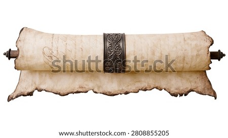 Antique parchment scroll with handwritten cursive text and ornate metal ring