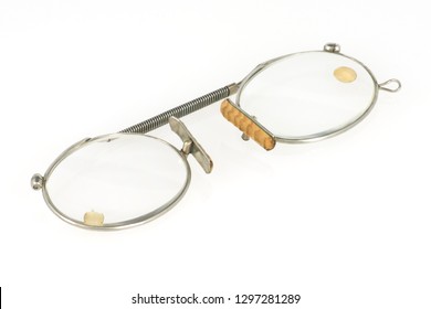 Antique Pince Nez Silver Spectacles & Tortoiseshell Case, Isolated On White