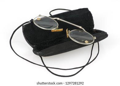 Antique Pince Nez Silver Spectacles & Tortoiseshell Case, Isolated On White