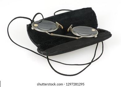 Antique Pince Nez Silver Spectacles & Tortoiseshell Case, Isolated On White