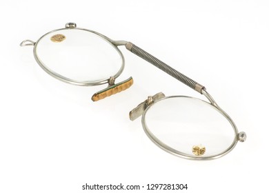 Antique Pince Nez Silver Spectacles & Tortoiseshell Case, Isolated On White