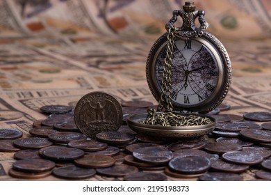 Antique Pocket Watch With Chain And Old American Coins