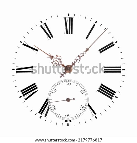 Antique pocket watch dial with black roman digits and golden hands isolated on white. Digits and hands only