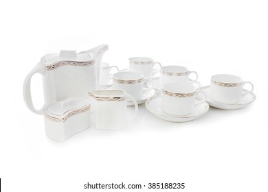 Antique Porcelain Tea Set On White Background