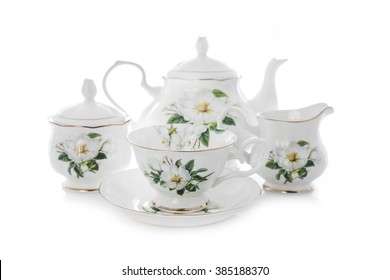 Antique Porcelain Tea Set On White Background