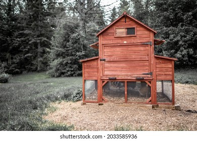 Antique Red Chicken Coop On Rural Farm.