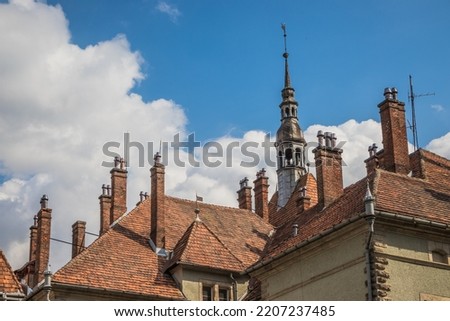 Antique red tiled roof with chimneys of hunting castle of Count Shenborn in Carpaty Village Chinadiyevo. Hunting Shenborn Palace built 1890-1895 on a warm summer day.. Zakarpattja, Ukraine Stock photo © 