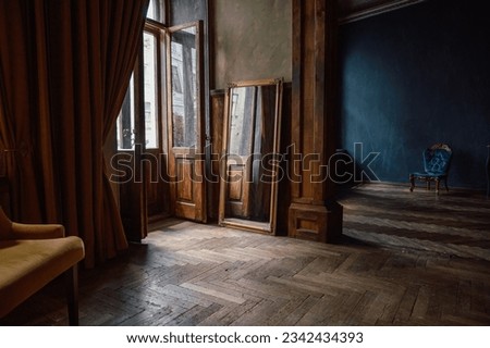 antique room interior in dark colors. vintage interior windows and doors