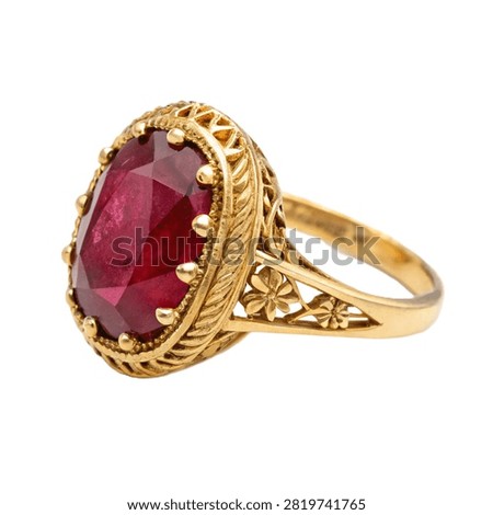 Antique royal ruby ring in 24k gold setting Macron isolated on white background 