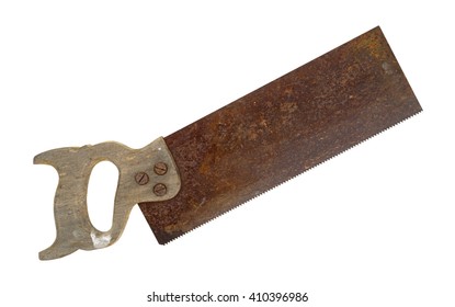 An antique sash saw with a with a worn handle and a rusty metal blade on a white background.