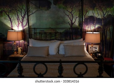 Antique Scary Dimming Bedroom With The Spooky Wallpaper For Halloween