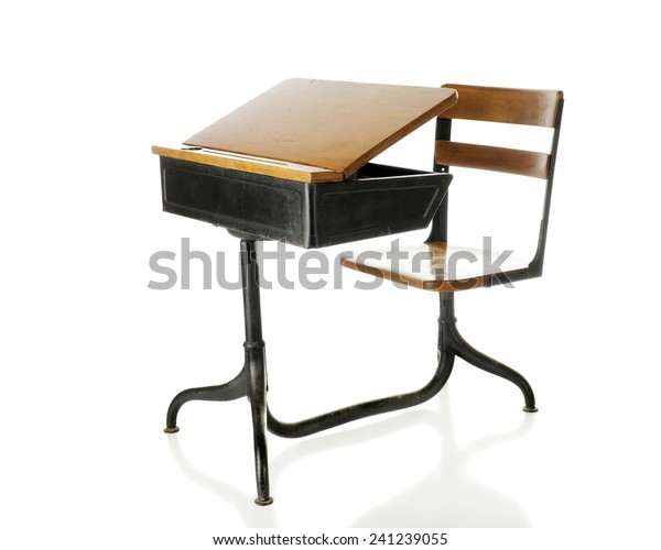 Antique School Desk Opened Fliptop Isolated Royalty Free Stock Image