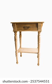 Antique side table in raw and rustic pinewood. 