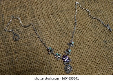 Antique Silver, Blue Vitreous Enamel Necklace In The Shape Of Little Flowers 