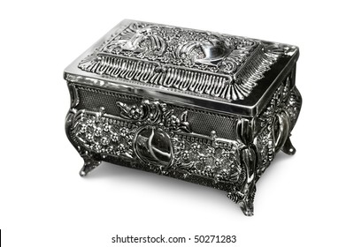 Antique Silver Jewelry Box Isolated With A Clipping Path On White Background