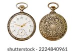 Antique silver pocket watch isolated on white background, front and rear view