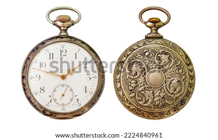 Antique silver pocket watch isolated on white background, front and rear view