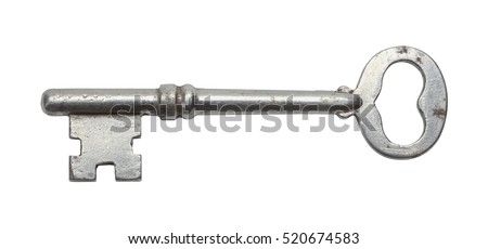 Antique Skeleton Key Cut Out on White Background.