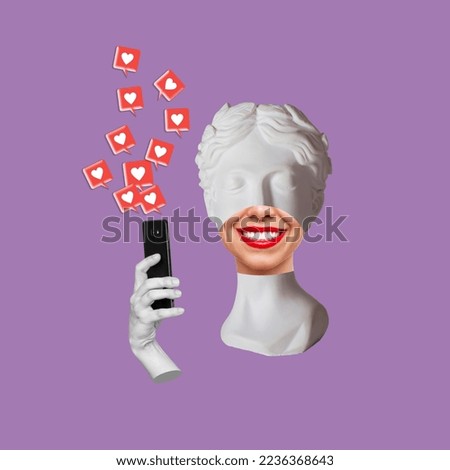 Antique smiling statue's head with red lips holding mobile phone with like symbols from social networks on purple color background. 3d trendy collage in magazine style. Contemporary art. Modern design