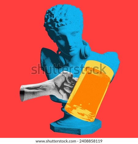 Antique statue bus in headphones with hand holding beer mug over red background. Festival. Contemporary art collage. Concept of party, surrealism, alcohol drinks. Pop art. Noise, grainy effect