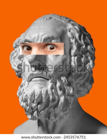Antique statue bust with make eye photo element in orange background. Intense, serious, deep look. Modern design. Contemporary colorful art collage. Concept of creative vision, emotions.