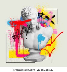 Antique statue bust painted in colorful paints, graffiti over light background. Street style. Contemporary art collage. Concept of postmodern, creativity, imagination, pop art. Creative design - Powered by Shutterstock