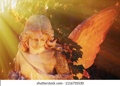 Antique Statue Of Gold Angel In The Sunlight. 