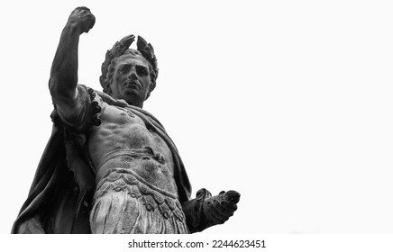 Antique statue of Roman dictator, politician, historian and military general Gaius Julius Caesar. Black and white image. Copy space.
