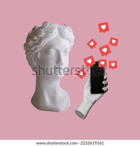 Antique statue's head with hand holding mobile phone with like symbols from social networks on pink color background. 3d trendy collage in magazine style. Contemporary art. Modern design