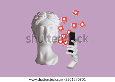Antique statue's head holding mobile phone with like symbols from social networks on purple color background. 3d trendy collage in magazine style. Contemporary art. Modern design