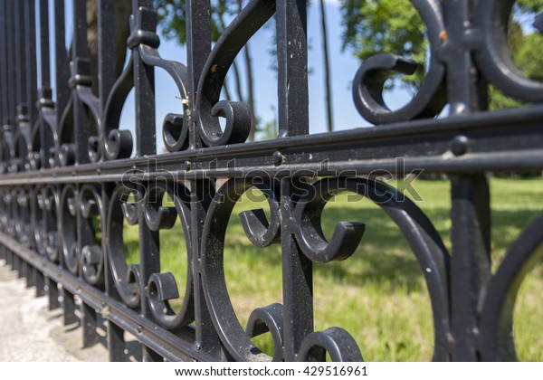 Antique\
steel fence with ornaments. closeup,\
details