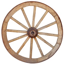 Antique, Steel Rimmed, Wooden Wagon Wheel With Twelve Spokes, Isolated Against A White Backround.