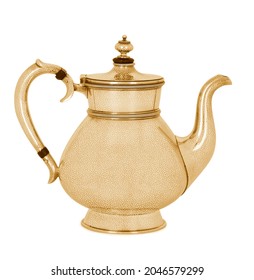 Antique teapot isolated on white background, golden teapot, metal kettle, kitchen teapot on white background, Golden Vintage teapot