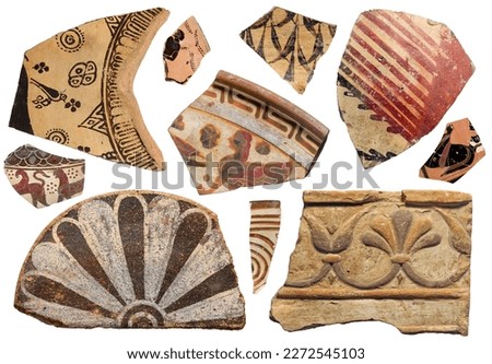 Antique terracotta fragment collection, isolated set of ceramics pieces from ancient greek and roman cultures