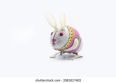 Antique Tin Toy Rabbit Isolated On White Background