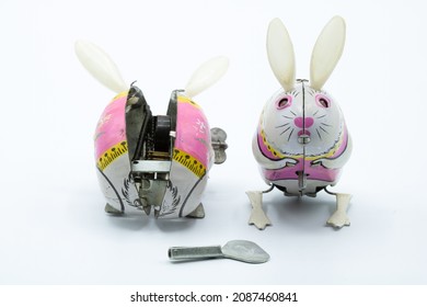 Antique Tin Toy Rabbit Isolated On White Background