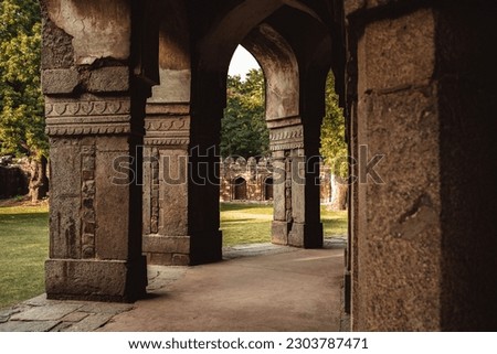 Antique tomb and details of ancient architecture of Lodhi Garden. Ancient temples and buildings in India. Shish gumbad in New Dehli.