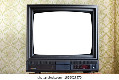 Antique TV with white screen on antique wooden cabinet, vintage design in 80s and 90s style house. - Shutterstock ID 1856029573