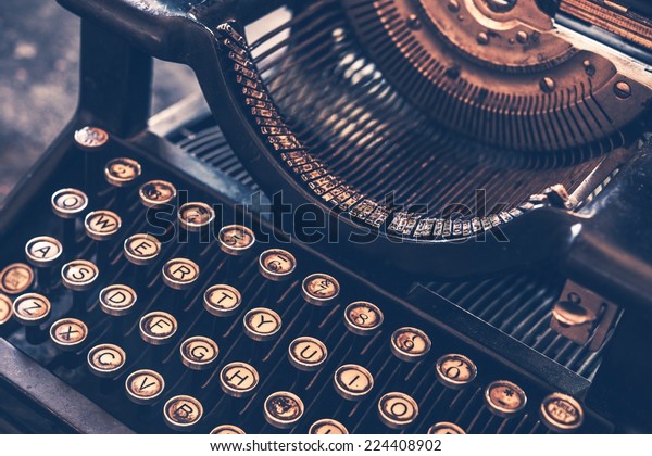 Antique Typewriter. Vintage Typewriter Machine\
Closeup Photo.
