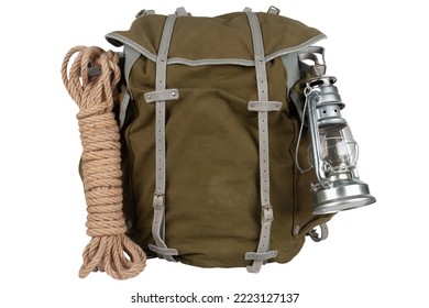 Antique vintage backpack with rope and gas lantern isolated on white background - Powered by Shutterstock