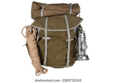 Antique vintage backpack with rope and gas lantern isolated on white background - Powered by Shutterstock