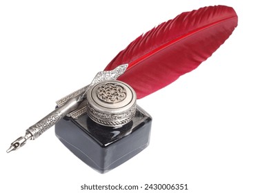 Antique vintage red fountain pen with inkwell on white background - Powered by Shutterstock