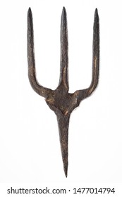 Antique Vintage Rusted Iron Trident Tool On White Background