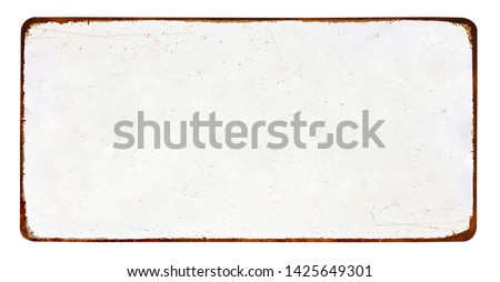 Antique vintage rusty enameled grunge metal sign or panel mockup or muck up template isolated on white background
