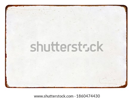 Antique vintage rusty enameled grunge metal sign or panel mockup or mock up template isolated on white background. Including clipping path