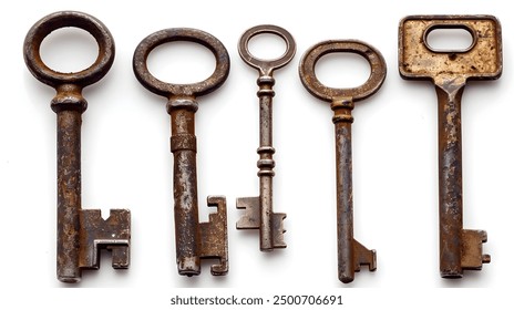 Antique Vintage Rusty Metal Keys Collection Isolated on Plain White Background  Old Retro Lock Mechanisms Hardware Security Equipment Entrance Access Objects in Studio Shot  - Powered by Shutterstock